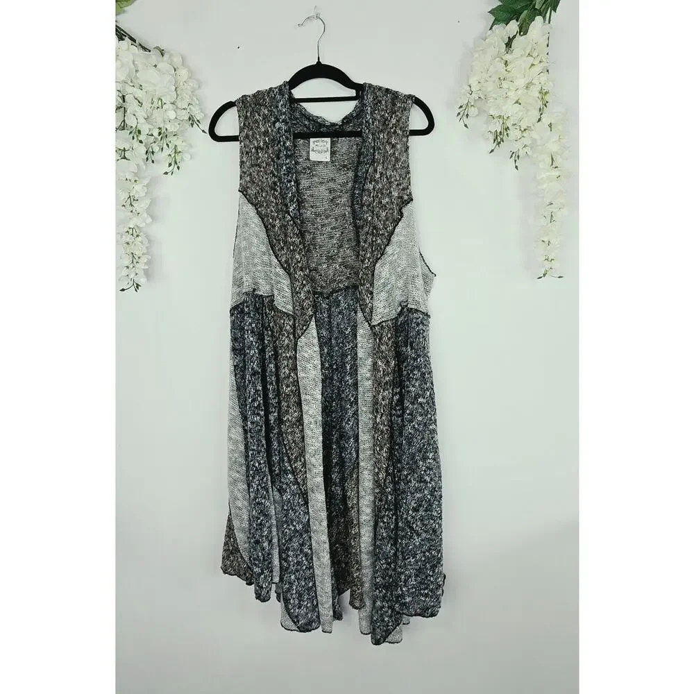 Lagenlook Open Knit Duster Vest Large Wool Blend Gray Marled Waterfall Boho - Picture 10 of 15